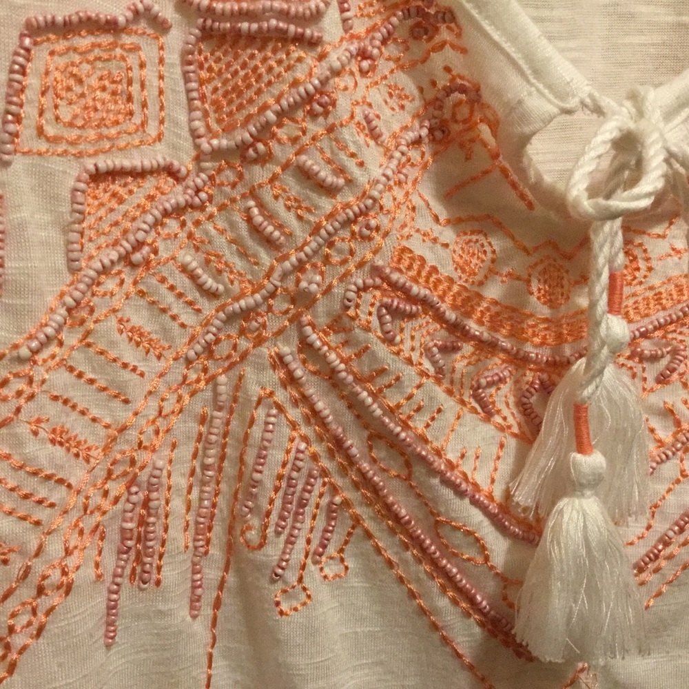 Maurices Bead & Embroidery Embellished, Tasseled Tie, Short Sleeve White Top - Picture 4 of 11